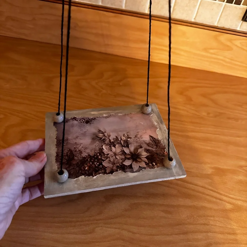 Hand crafted Floral Hanging shelf with Black Cord